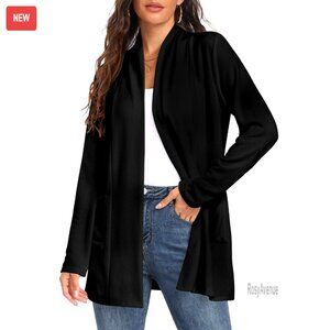 Long Sleeve Lightweight Cardigan Open Front Pockets Draped Casual